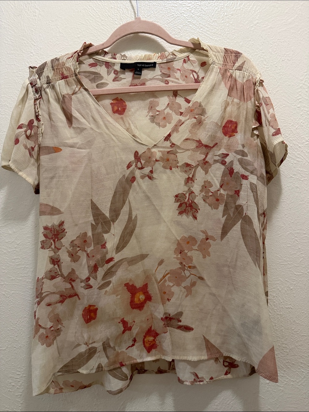 Harve Benard Cream Floral V-Neck Blouse with Pink and Brown Accents